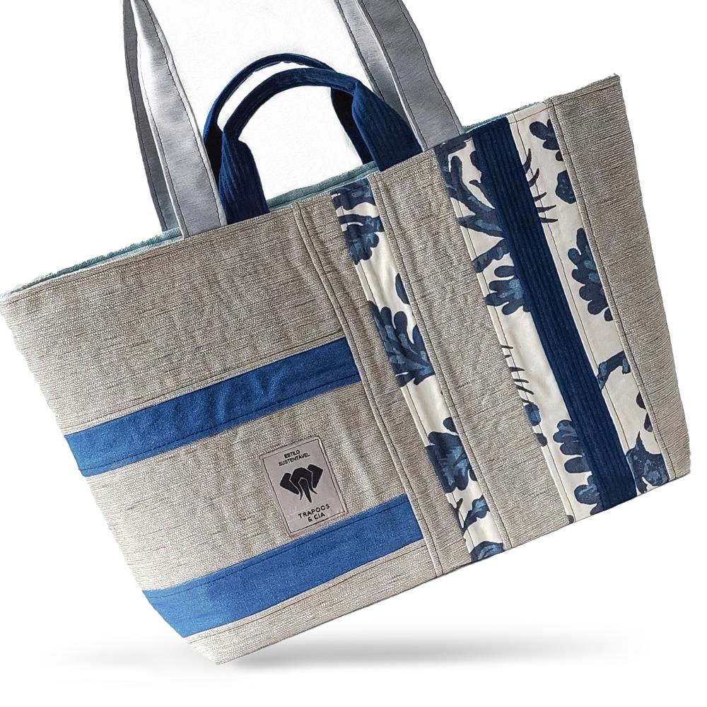 Bolsa Tote Sustentável Cinza com Detalhe Azul - Trapoos & Cia